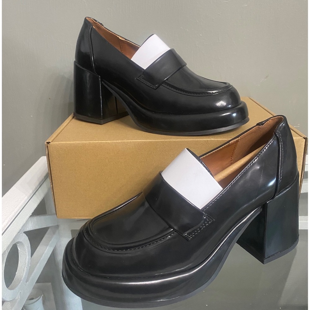 Delphine Block Heel Platform Penny Loafers Black Round Toe DELP01J1 Size 6.5M